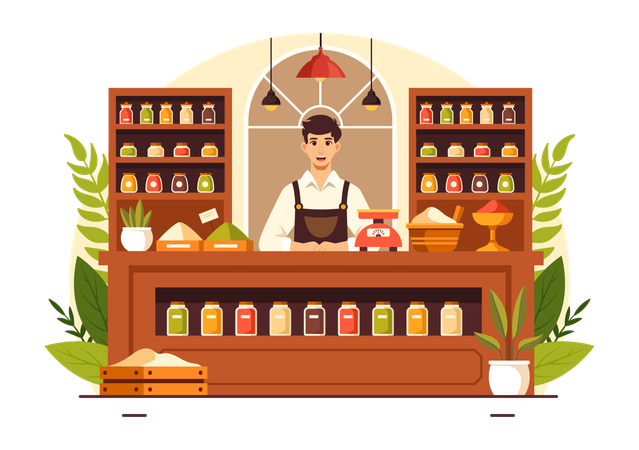 Shop owner at spice store  Illustration