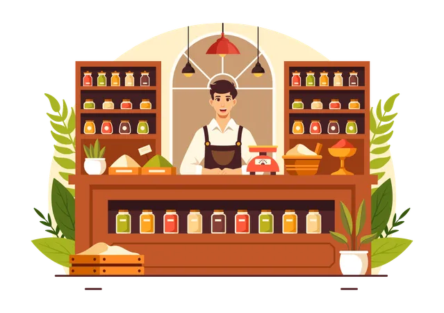 Shop owner at spice store  Illustration