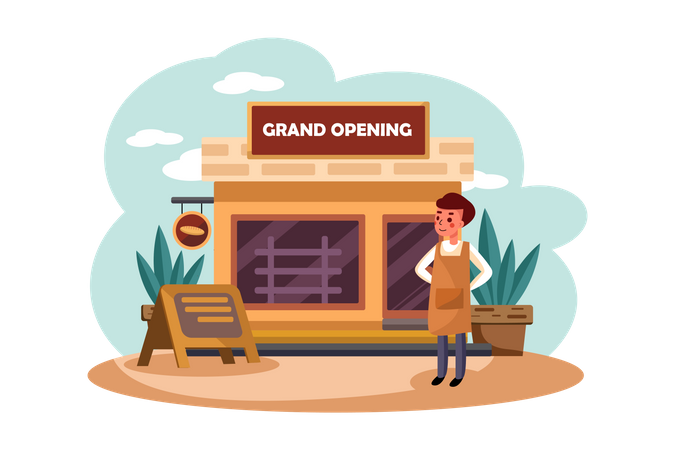 Shop owner doing grand opening of his shop  Illustration