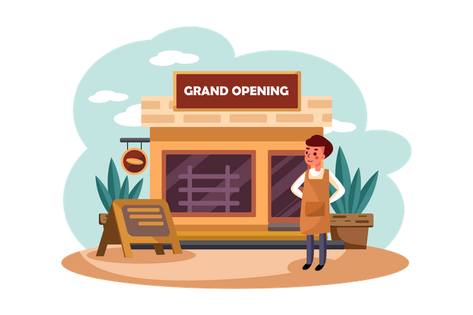 Shop owner doing grand opening of his shop Illustration