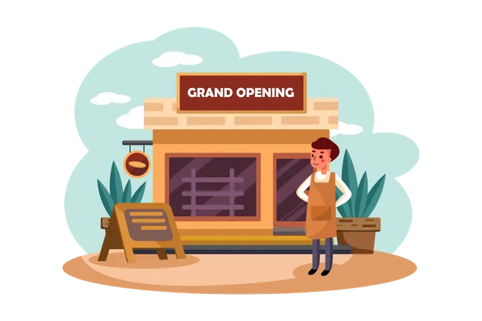 Shop owner doing grand opening of his shop Illustration