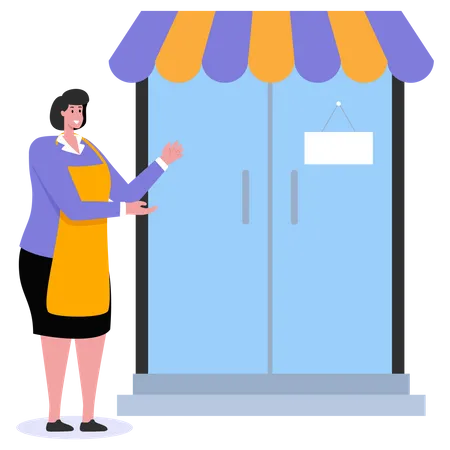 Shop owner welcoming customers  Illustration