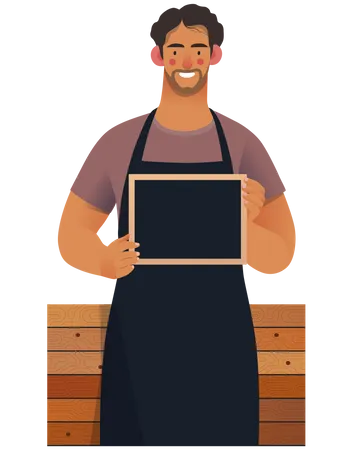 Wine House Small Business Owners Graphics Owner With A Blackboard Modern Flat Vector Concept Illustrations Young Man Wearing Black Apron Standing At The Wooden Counter Shop Logo Illustration