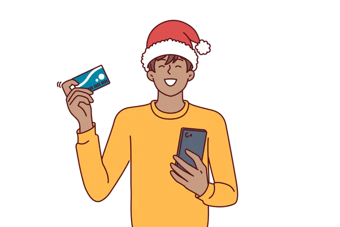 Christmas Man Shopaholic Holds Phone And Credit Card For Online Purchase Of Goods With Courier Delivery Shopaholic Guy Buys Goods For New Year Celebration Through Mobile Marketplace Application Illustration