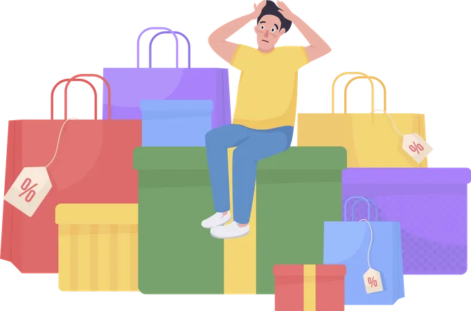 Shopaholic Surrounded by Shopping bags  Illustration