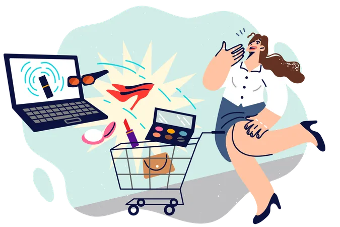 Shopaholic Woman Is Doing Online Shopping On Laptop Ordering Shoes And Cosmetics Standing Near Supermarket Cart Girl Addicted To Searching For Rare Goods On Internet And Shopping On Marketplaces Illustration
