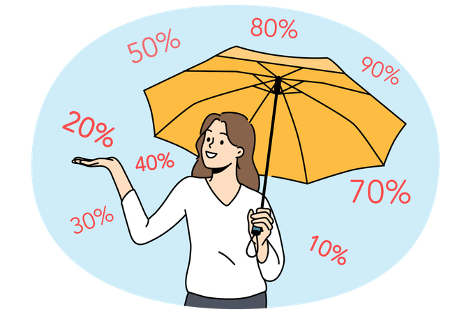 Shopaholic woman stands among numbers symbolizing size discount in store and holds umbrella in hand  Illustration