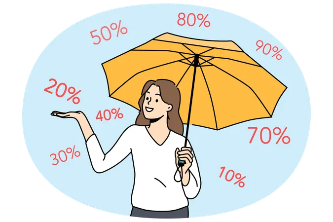 Shopaholic woman stands among numbers symbolizing size discount in store and holds umbrella in hand  Illustration