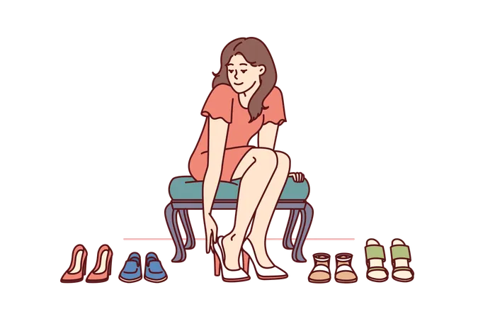 Shopaholic Woman Is Trying On Shoes In Store Choosing Right High Heels For Going To Party Girl Visitor Of Fashion Boutique With Shoes Who Loves Shopping And Wants To Change Wardrobe Illustration