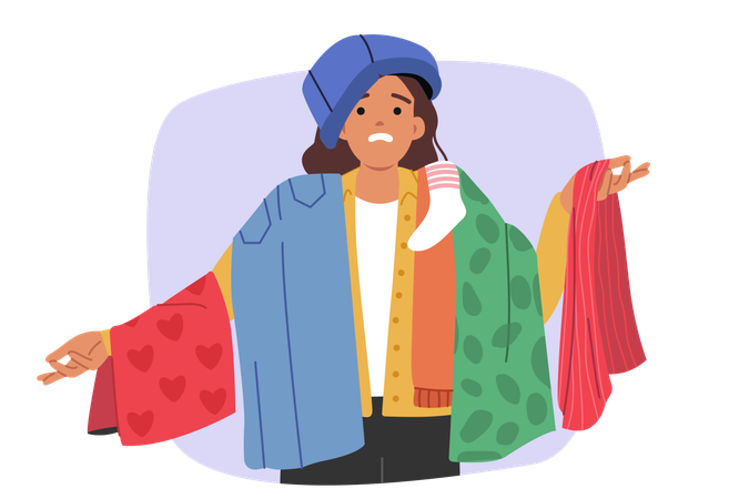 Shopaholic woman with lot of clothes  Illustration