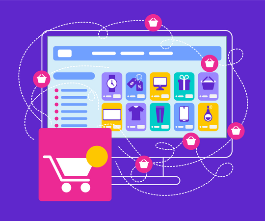 Shopcart Stand at Big Monitor with Internet App  Illustration