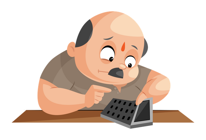Shopkeeper doing accounts on calculator  Illustration