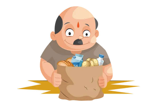 Shopkeeper holding grocery products in hand Illustration