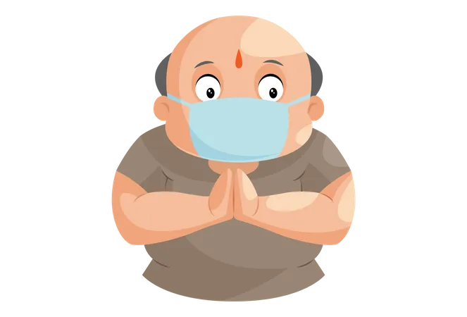 Shopkeeper is standing with greet hand and wearing surgical mask Illustration
