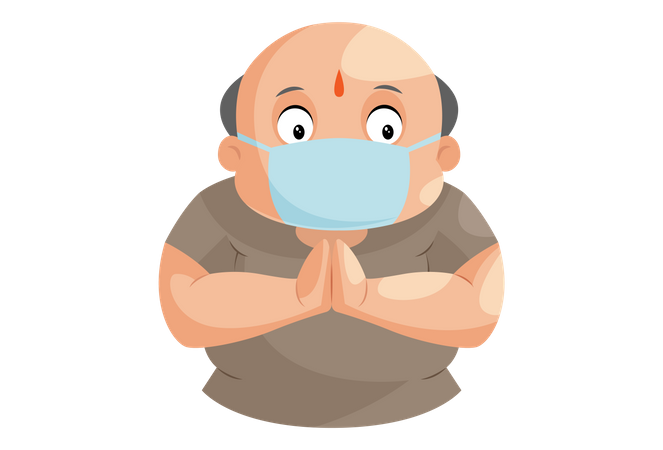 Shopkeeper is standing with greet hand and wearing surgical mask  Illustration