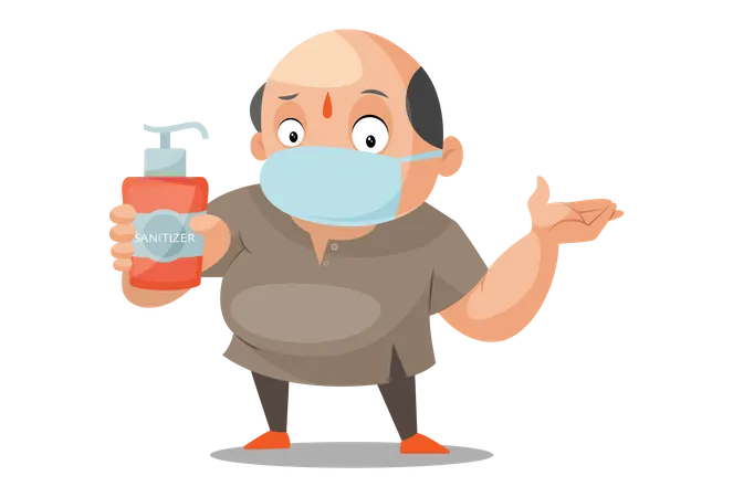 Shopkeeper is wearing surgical mask and holding sanitizer in hand Illustration