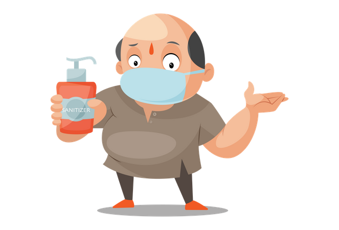 Shopkeeper is wearing surgical mask and holding sanitizer in hand  Illustration