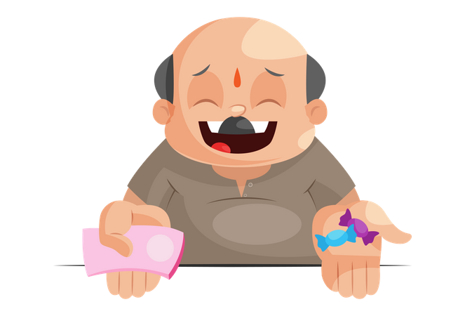 Shopkeeper showing money and toffee in hand  Illustration