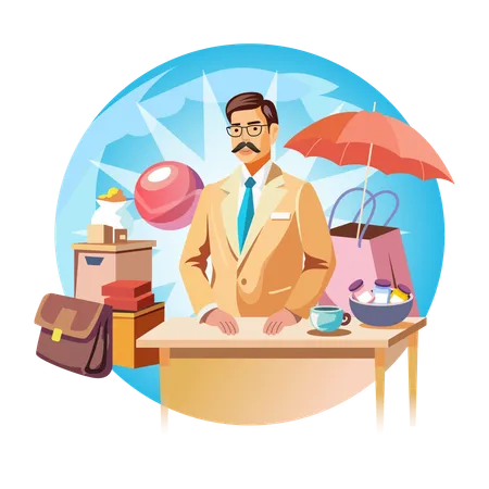 Shopkeeper standing on a table  Illustration