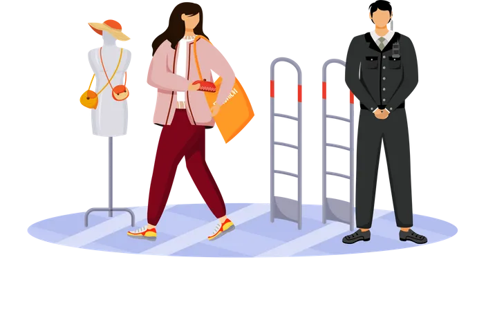 Shoplifting Flat Color Vector Faceless Character Kleptomania Store Theft Woman Stealing Purse From Shop Thief And Security Guard In Shopping Mall Larceny Isolated Cartoon Illustration Illustration