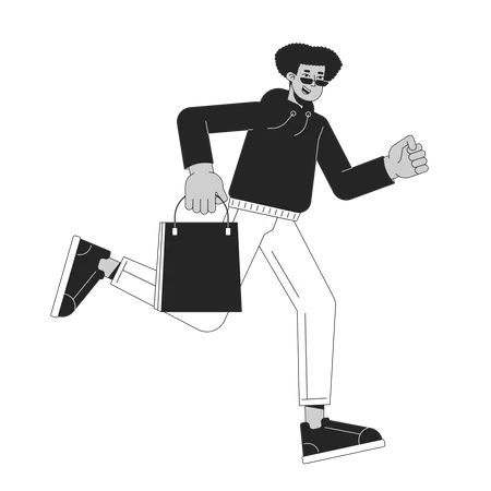 Shopper Male Running With Boutique Bag Black And White 2 D Line Cartoon Character Hispanic Man In Sunglasses In Rush Isolated Vector Outline Person Shopaholic Monochromatic Flat Spot Illustration Illustration