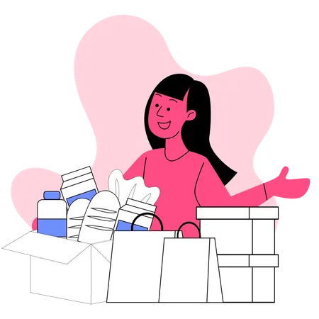 Shopper Unpacking Groceries and Products  Illustration