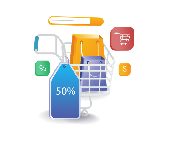 Shopping basket with discount label  Illustration