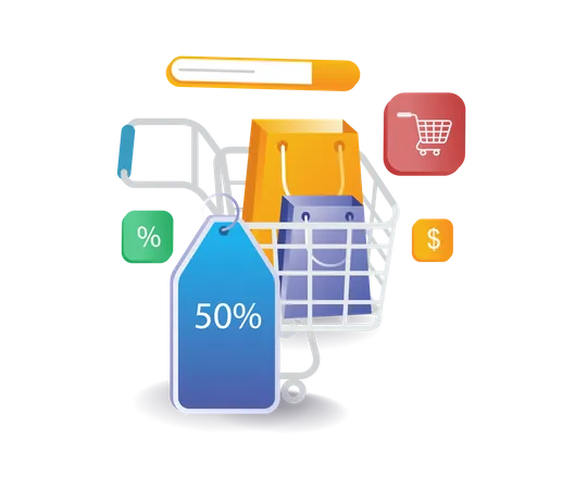 Shopping basket with discount label  Illustration