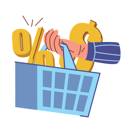 Shopping Basket with Percentage Symbols and Dollars  Illustration