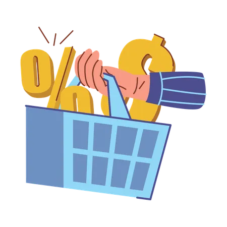 Shopping Basket with Percentage Symbols and Dollars  Illustration