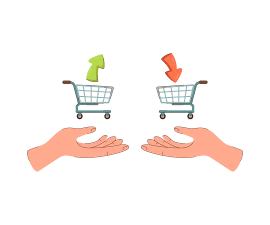Shopping Baskets In Hands People Exchanging Consumer Goods Indirectly To Avoid Having To Use Money Shopping Baskets With Up And Down Arrows Symbolize Retail Business And Food Industry Illustration