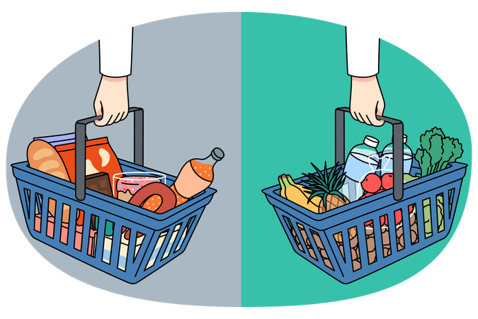 Shopping baskets with healthy and unhealthy products  Illustration