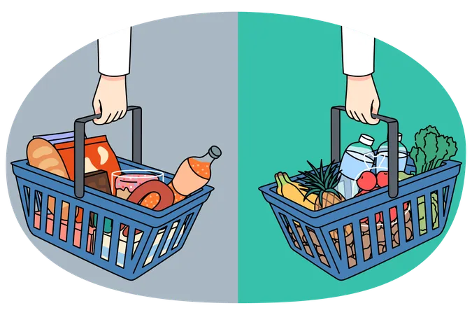 Shopping baskets with healthy and unhealthy products  Illustration