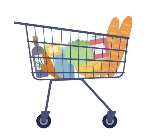 Shopping cart with food from supermarket  Illustration