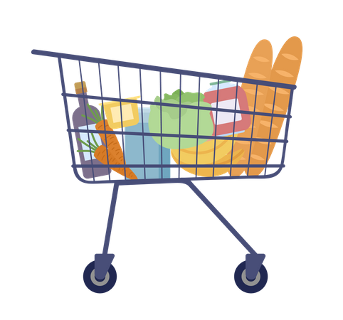 Shopping cart with food from supermarket  Illustration