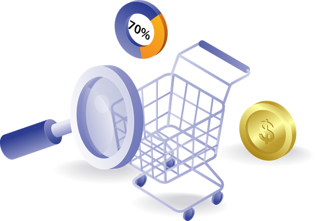 Shopping cart with magnifying glass percent symbol  Illustration