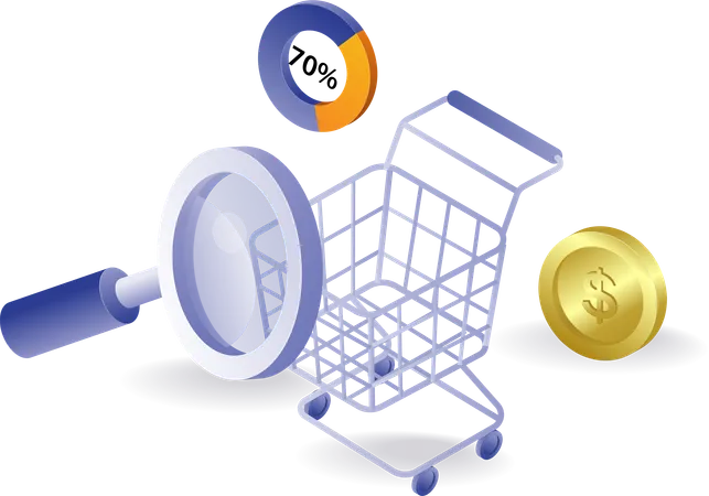 Shopping cart with magnifying glass percent symbol  Illustration