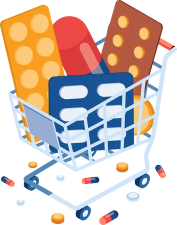 Flat 3 D Isometric Shopping Cart With Pills And Medicine Pharmaceutical Company And Online Pharmacy Concept Illustration