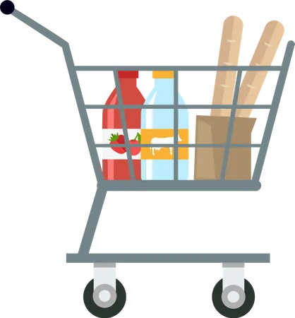 Shopping Cart With Different Products In Flat Shopping Cart With Various Groceries Supermarket Cart With Milk Yogurt And Bread Side View Isolated Vector Illustration On White Background Illustration
