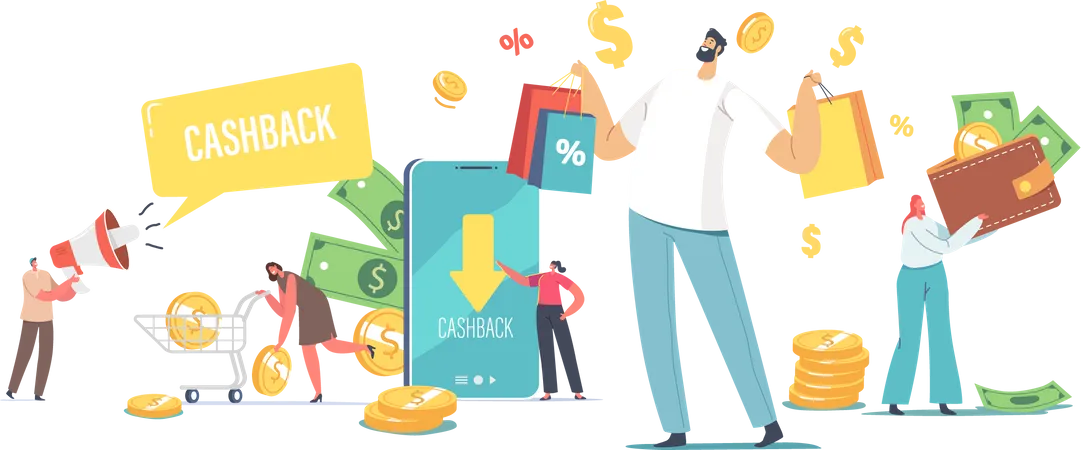 Cash Back Concept Happy People Getting Money Refund For Shopping And Purchasing In Store Male And Female Characters Use Cashback Application Online Virtual Service Cartoon Vector Illustration Illustration