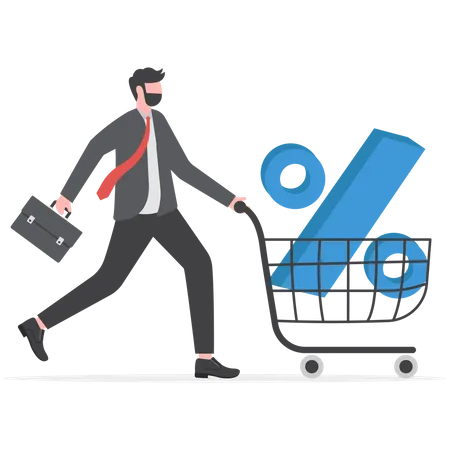 Shopping Discount Percentage Mortgage Loan Interest Rate Or Investment Earning And Profit Concept Businessman Investor Or Consumer Pushing Shopping Cart Trolley With Big Percentage Sign Illustration