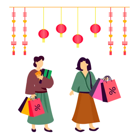 Dames chinoises faisant du shopping pour le nouvel an  Illustration