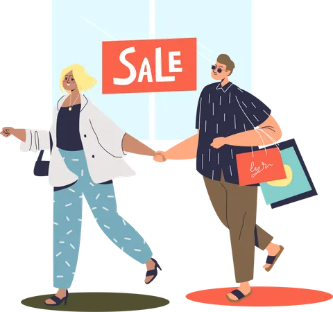 Couple Of Hipsters Shopping During Sale Modern Man And Woman With Shopping Bags Walking In Mall Looking For Discounts And Special Offers Flat Vector Illustration Illustration