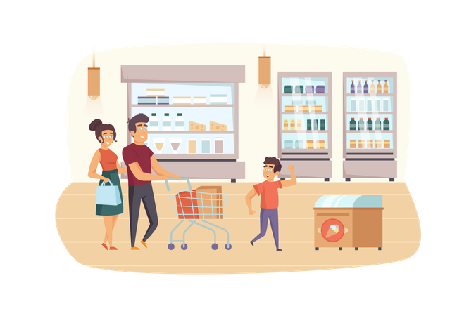 Famille faisant du shopping au supermarché ensemble  Illustration