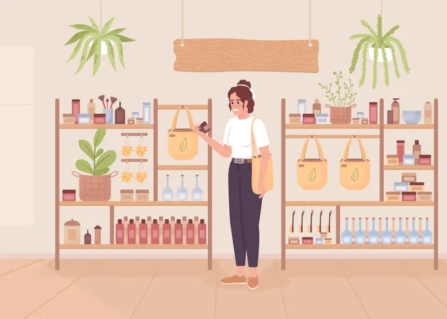 Shopping For Eco Products Flat Color Vector Illustration Organic Cosmetics Purchase Fully Editable 2 D Simple Cartoon Character With Store Interior On Background Nerko One Regular Font Used Illustration