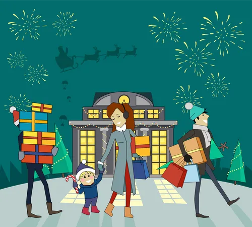 Buying Presents With Family In Mall On Christmas Eve Flat Design Woman With Gifts In Hand Walking With Her Son Two Mans Carry Colored Boxes And Christmas Tree Fireworks And Santa On Sleigh In Sky Illustration