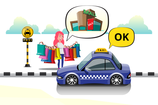 Shopping girl tells taxi to shopping mall destination at taxi stand in city  Illustration