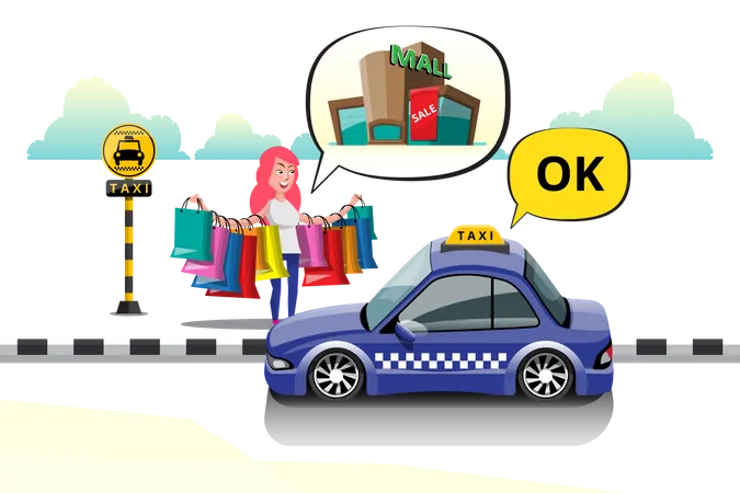 Shopping-Mädchen sagt Taxi zum Einkaufszentrum Ziel am Taxistand in der Stadt  Illustration