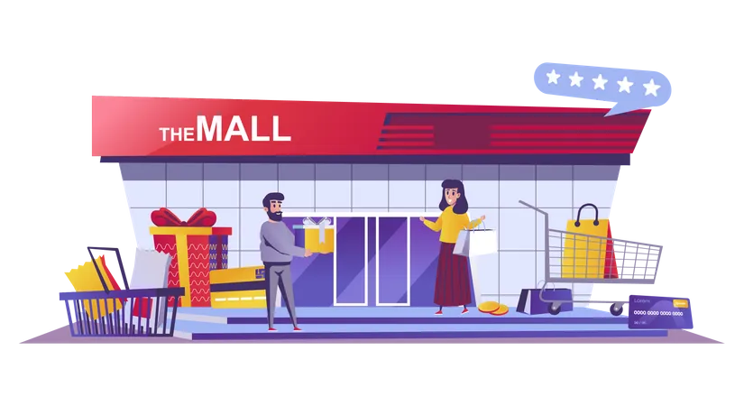 Shopping Mall Web Concept In Flat Style People Buy Things And Gifts Seasonal Sales And Discounts Packages And Boxes Retail Scene Vector Illustration Of Cartoon Characters For Website Design Illustration