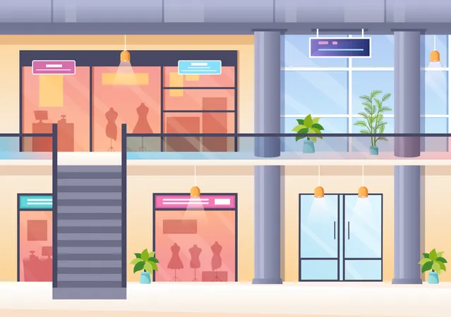 Shopping Mall Modern Background Illustration With Interior Inside Escalator And Various Retail Store In Flat Style Design Illustration